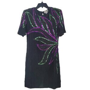 VINTAGE Allyson Whitmore Sz. Medium Silk Glass Bead Sequins Multicolor 80s Dress